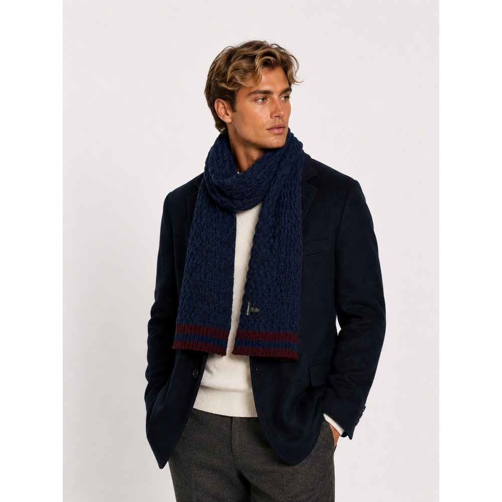 William Rast Navy Blue Burgundy 3D Cable Knit Scarf One Size Chunky